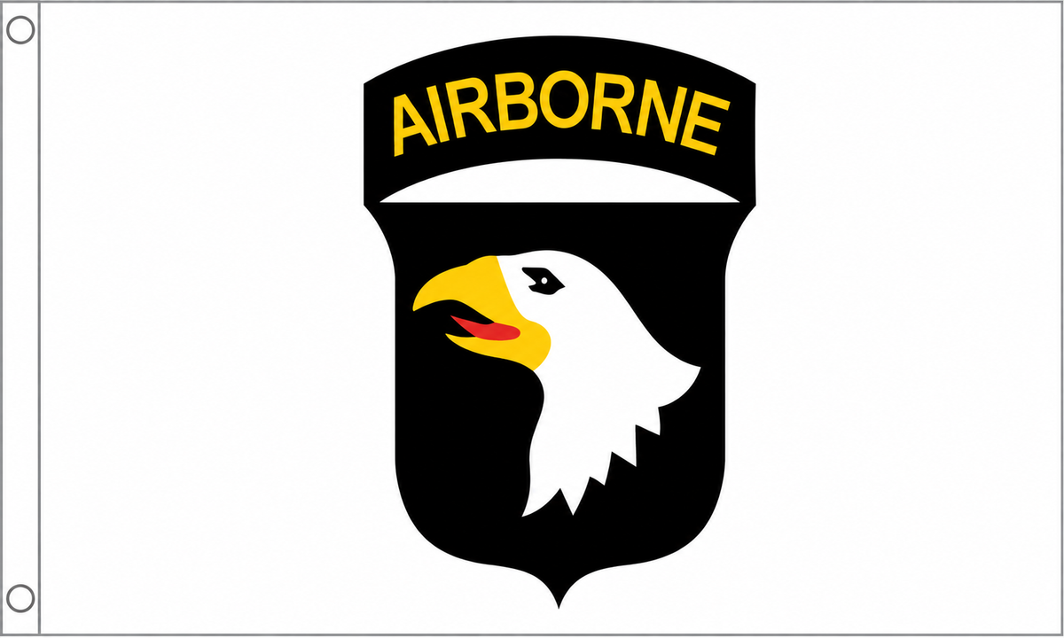 101st Airborne white flag with eagle head emblem, 5ft x 3ft