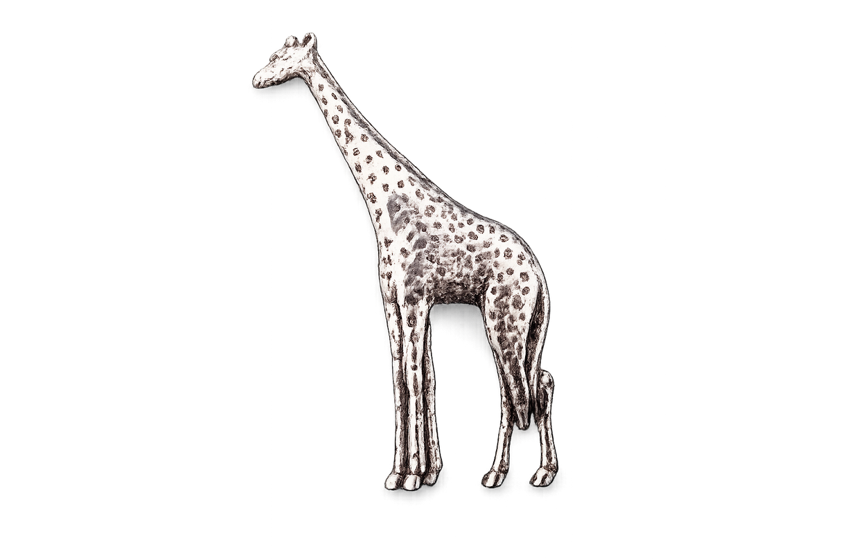 Detailed pewter giraffe pin badge with butterfly clutch fastening on a white background.