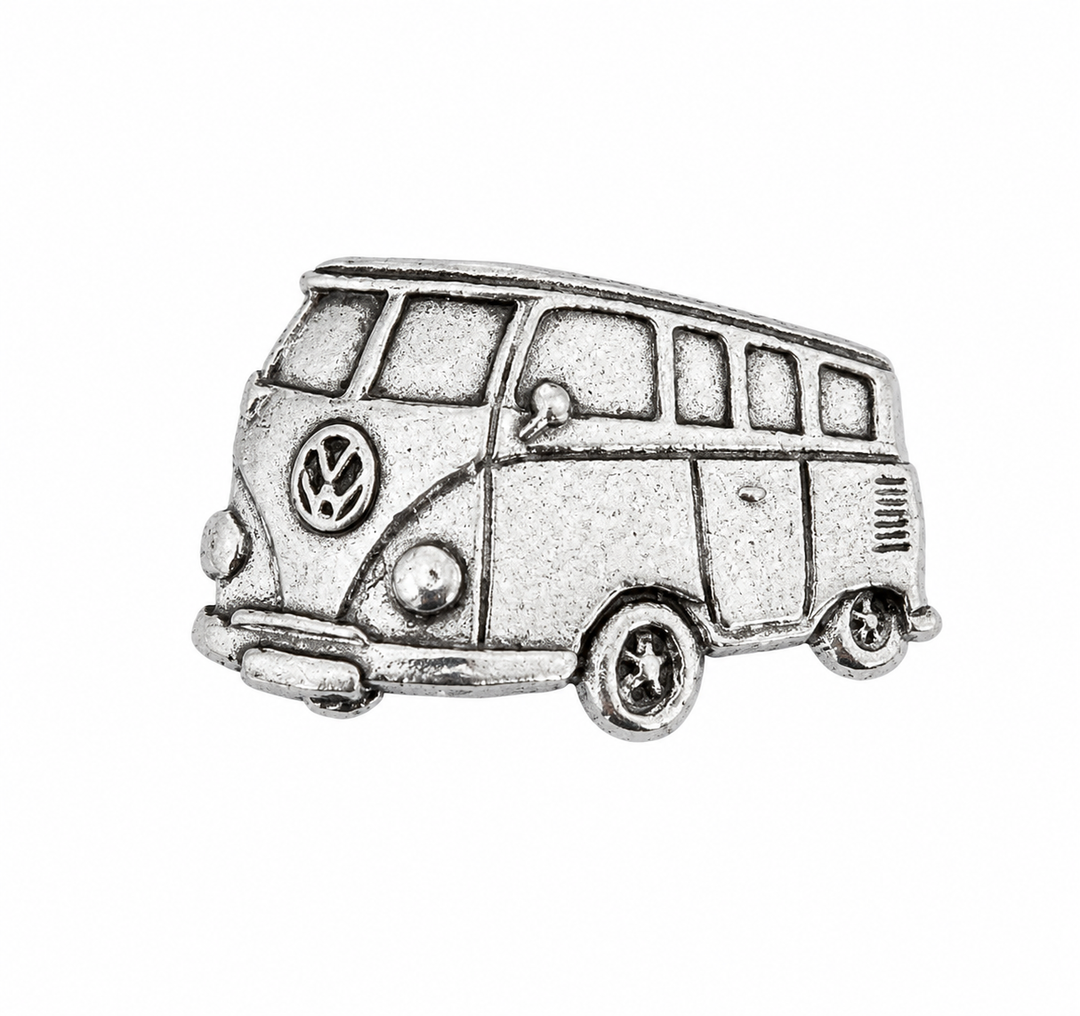 Pewter VW split-screen camper van lapel pin badge with classic Volkswagen design