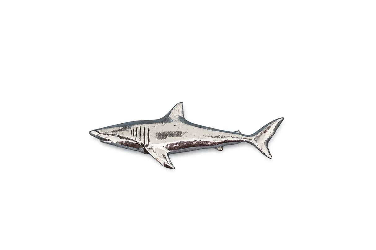 Detailed pewter Shark pin badge featuring a sleek shark design with butterfly clutch fastening on a white background.