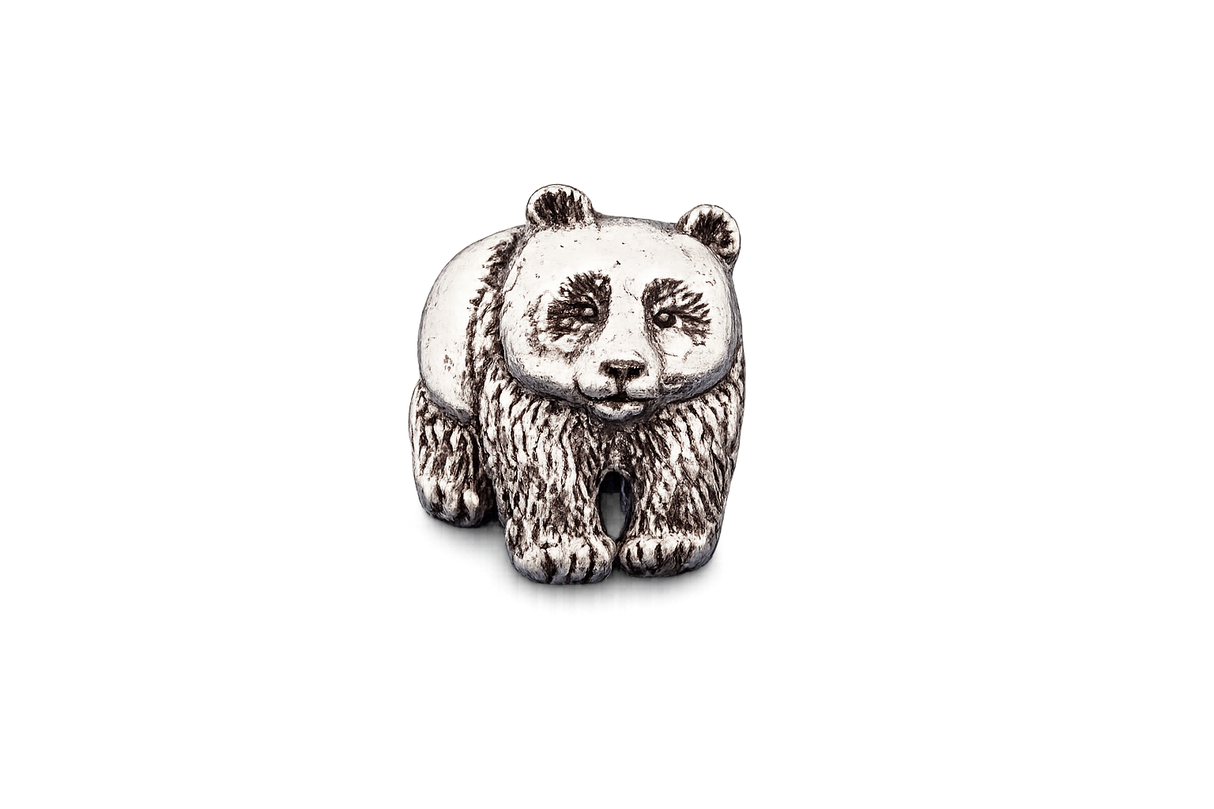 Detailed pewter Panda bear pin badge with butterfly clutch fastening on a white background.