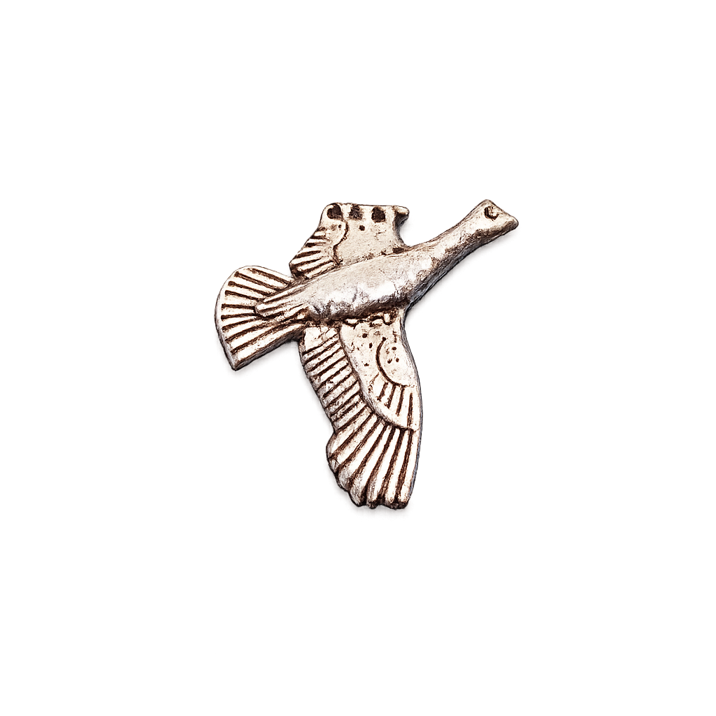 Handcrafted pewter Flying Grouse pin badge featuring a British game bird in flight.
