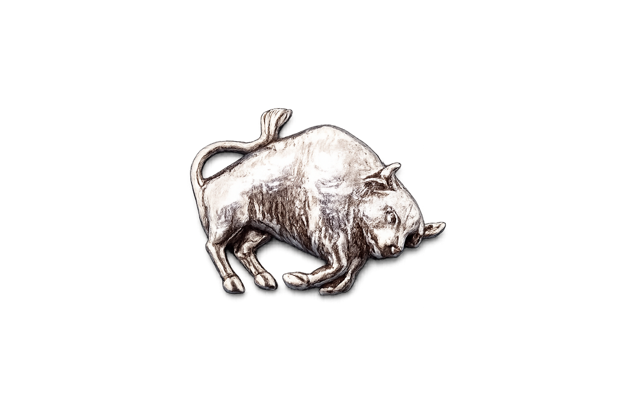 Handcrafted pewter bull pin badge featuring a detailed farm animal design with butterfly clutch fastening on a white background.