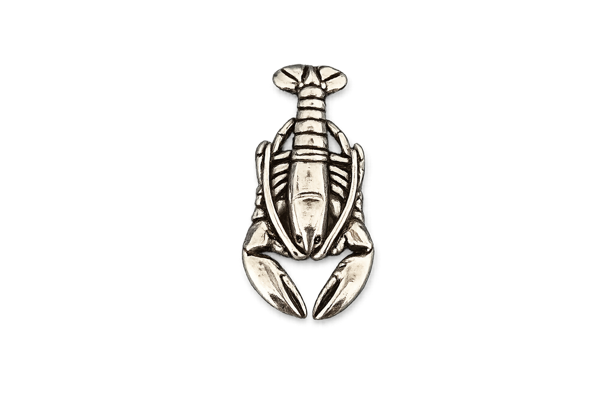 Detailed pewter Lobster pin badge featuring claws, segmented body and tail with butterfly clutch fastening on a white background.