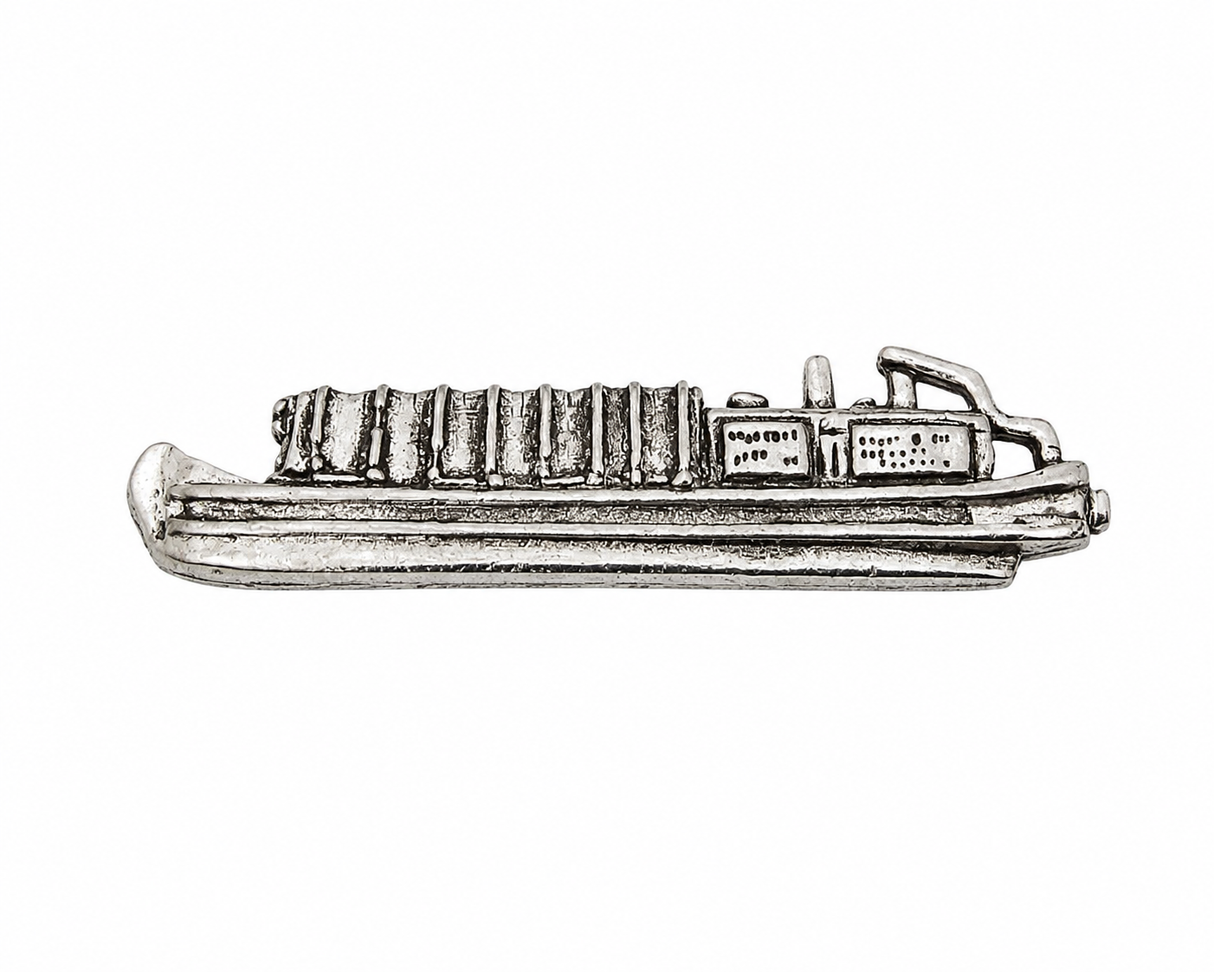 Pewter traditional canal narrowboat lapel pin badge with detailed cabin and hull
