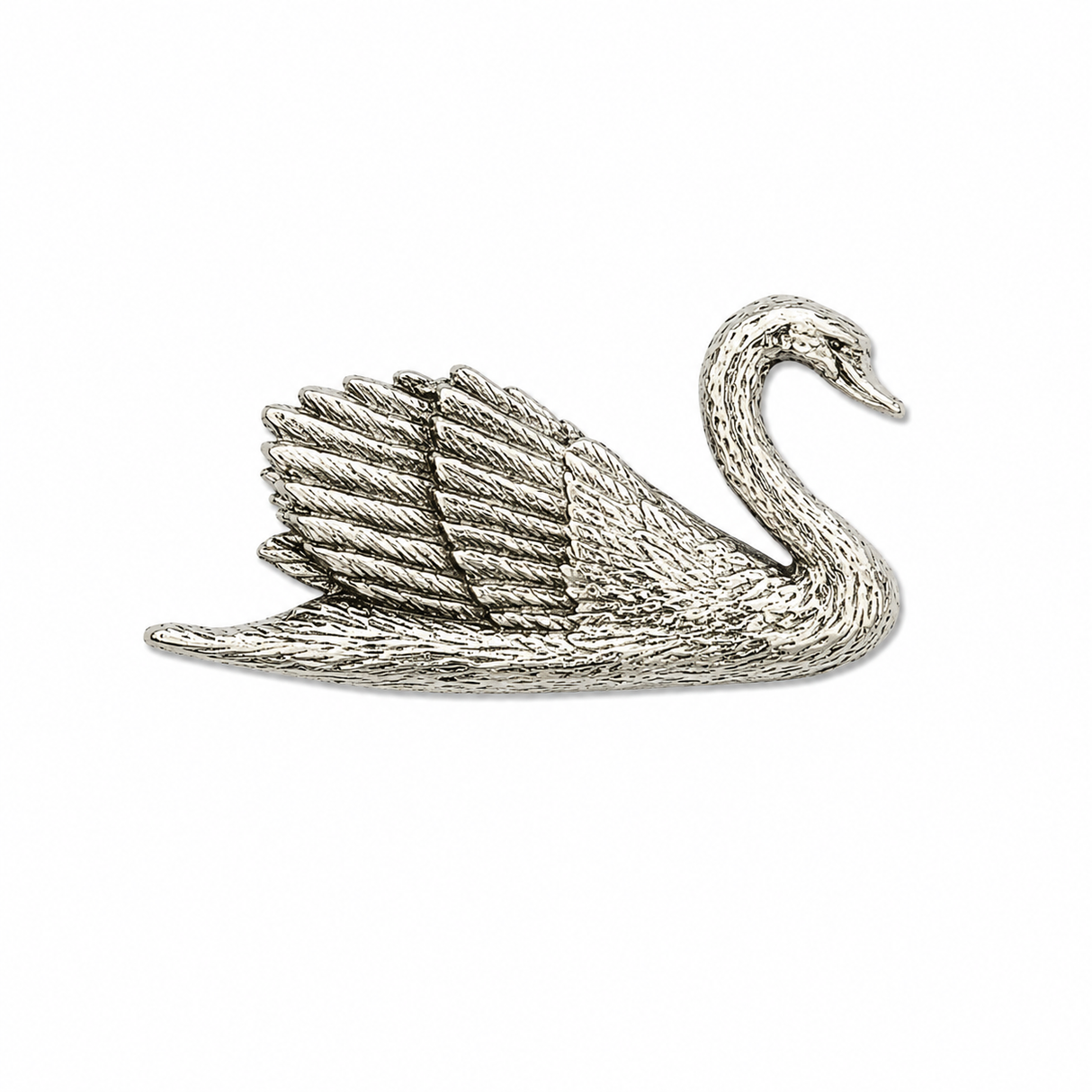 Handcrafted pewter swan pin badge with raised wings and detailed feather design