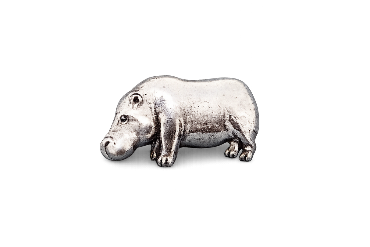 Detailed pewter Hippopotamus (Hippo) pin badge with butterfly clutch fastening on a white background.