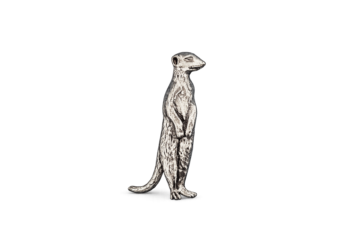 Detailed pewter Meerkat pin badge standing upright with butterfly clutch fastening on a white background.