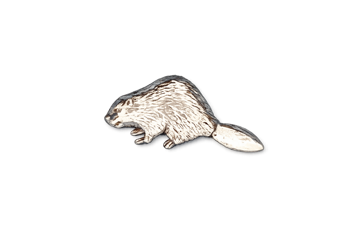 Detailed pewter Beaver pin badge featuring textured fur and a broad tail with butterfly clutch fastening on a white background.