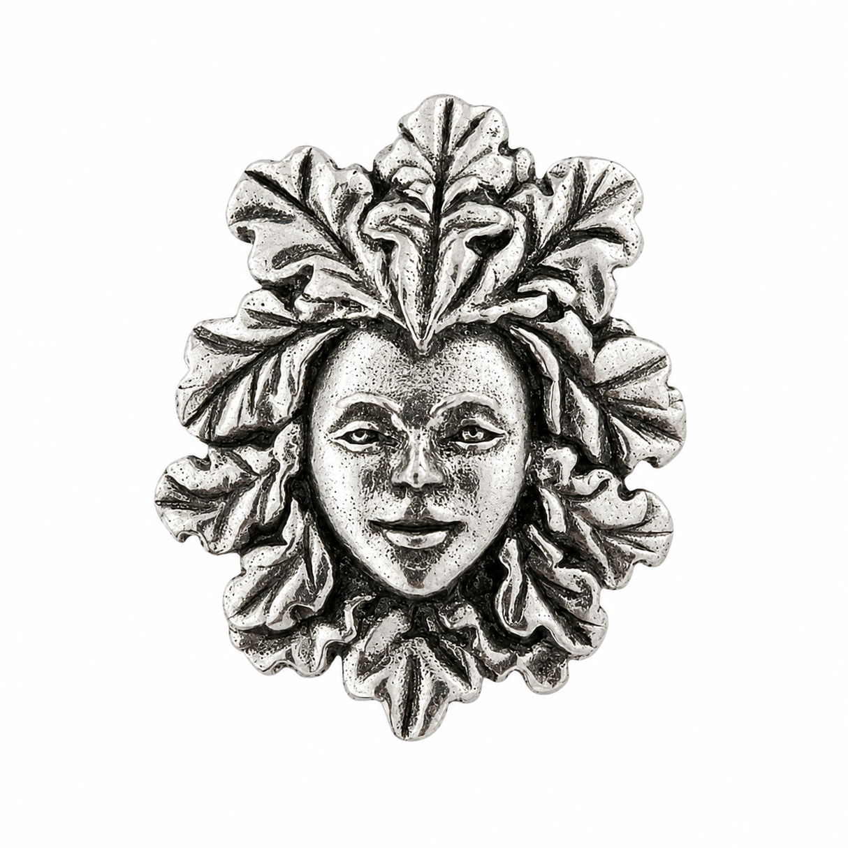 Green Lady pewter pin badge with female face surrounded by leaves