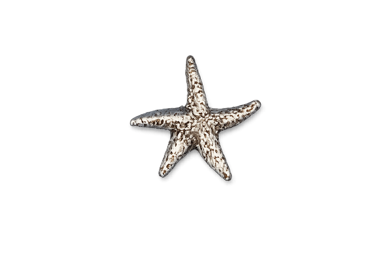 Detailed pewter Starfish pin badge featuring a textured five-armed sea star design with butterfly clutch fastening on a white background.