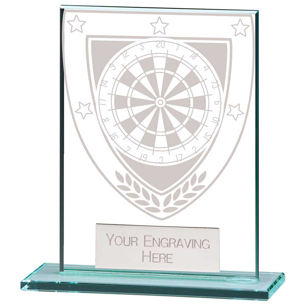 Personalised clear glass darts award with engraved plate and darts design on a polished glass base