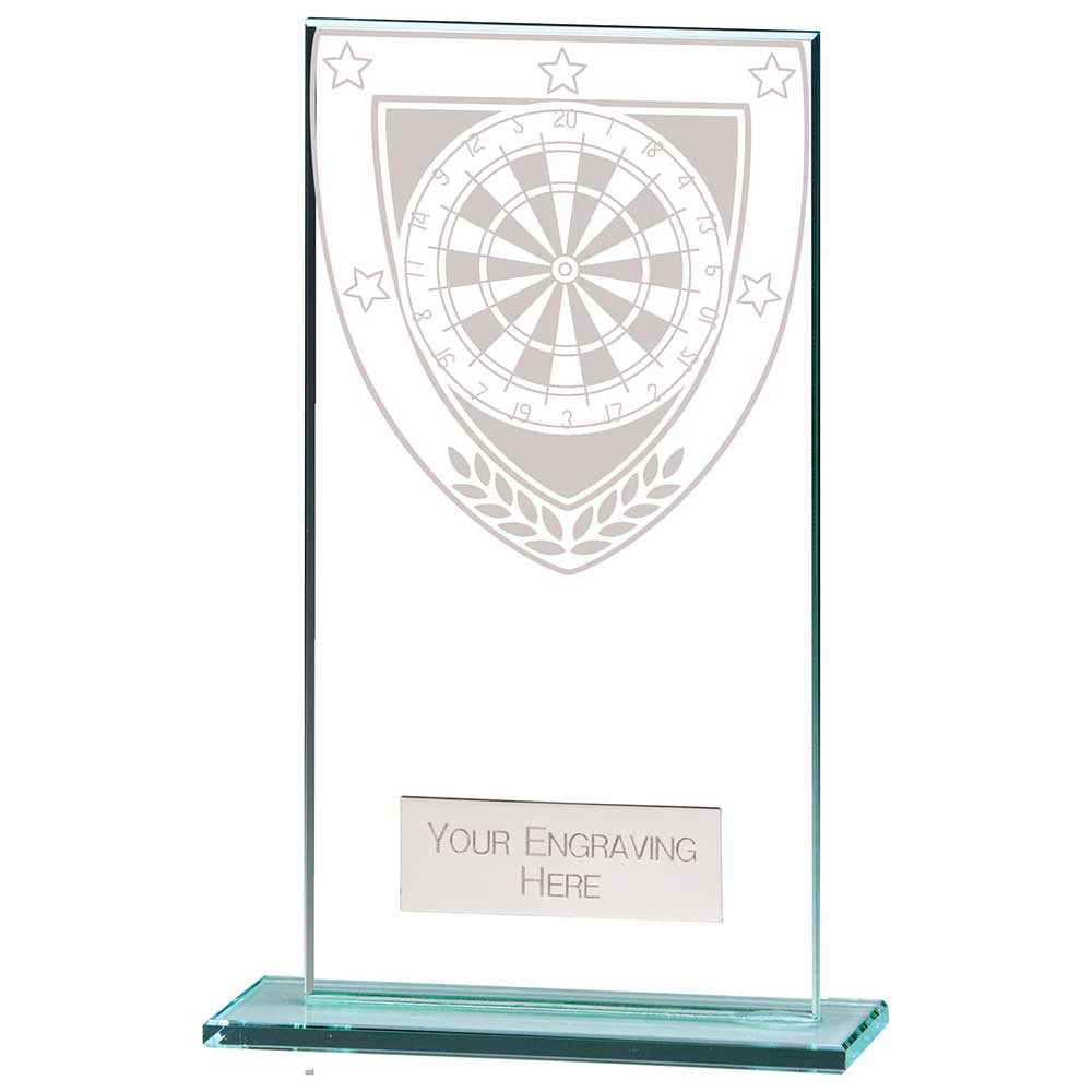 Personalised clear glass darts award with engraved plate and darts design on a polished glass base