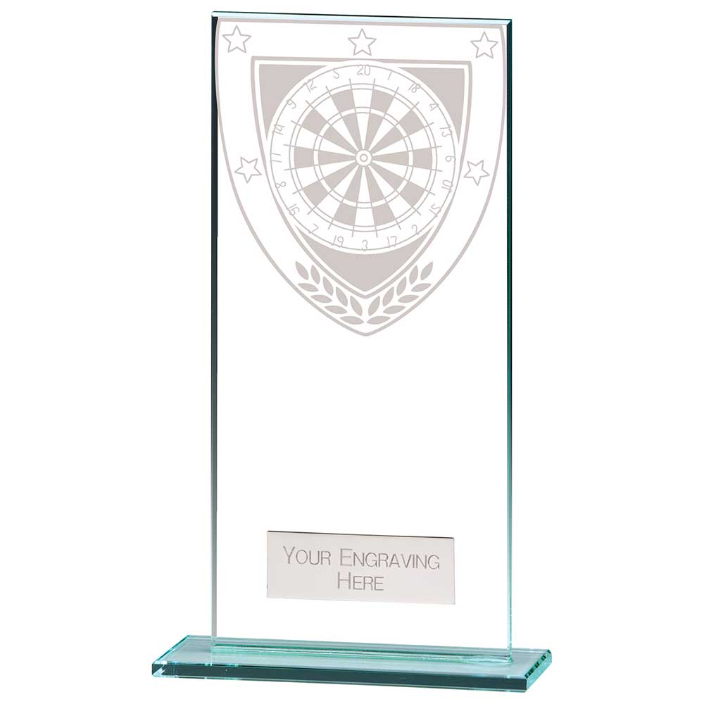 Personalised clear glass darts award with engraved plate and darts design on a polished glass base