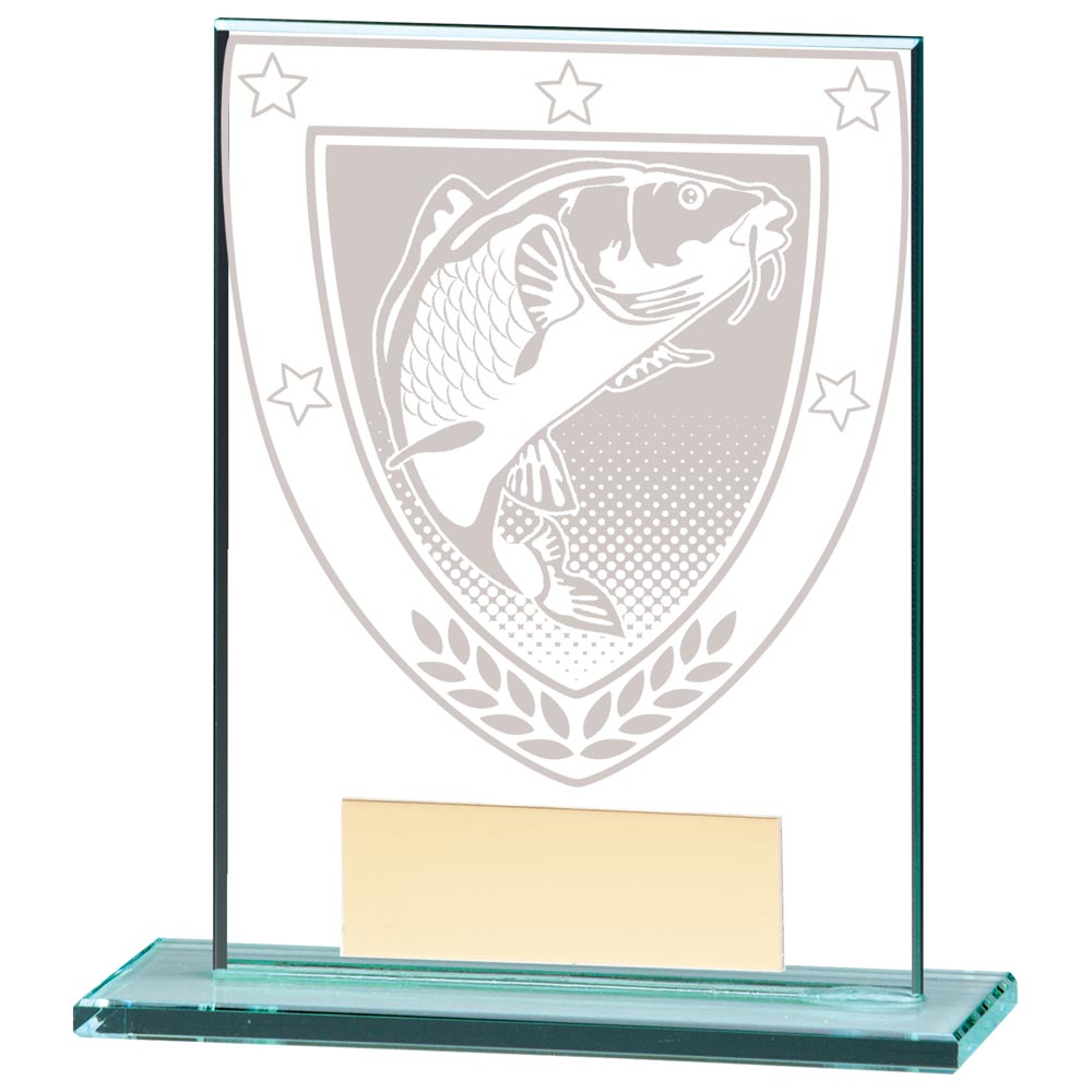 Clear glass fishing award with engraved fish design and free personalised engraving