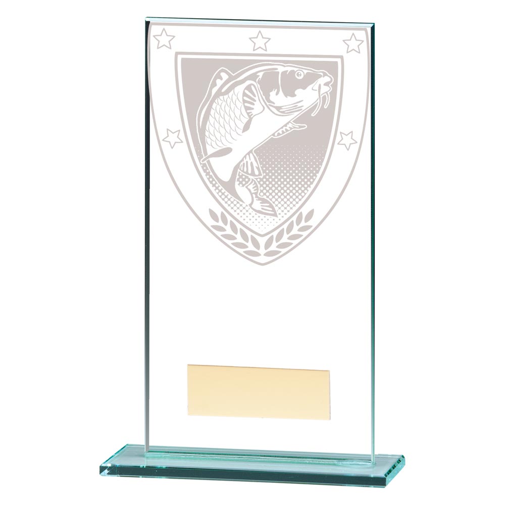 Clear glass fishing award with engraved fish design and free personalised engraving