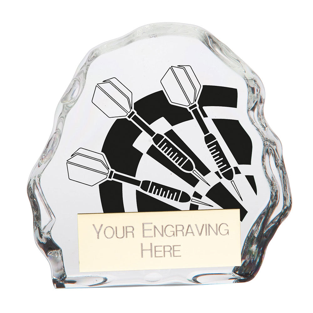 Personalised freeform clear glass darts award with engraved darts motif and free engraved plate