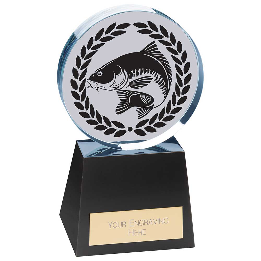Crystal fishing award trophy with engraved fish design on black crystal base and free personalised engraving