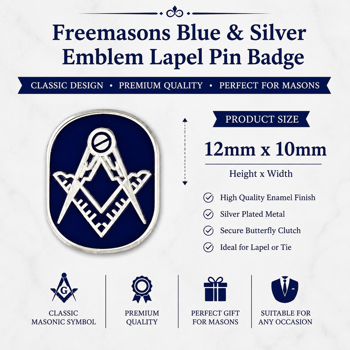 Freemasons Dark Blue & Silver Square & Compass Lapel Pin Badge – 12mm x 10mm