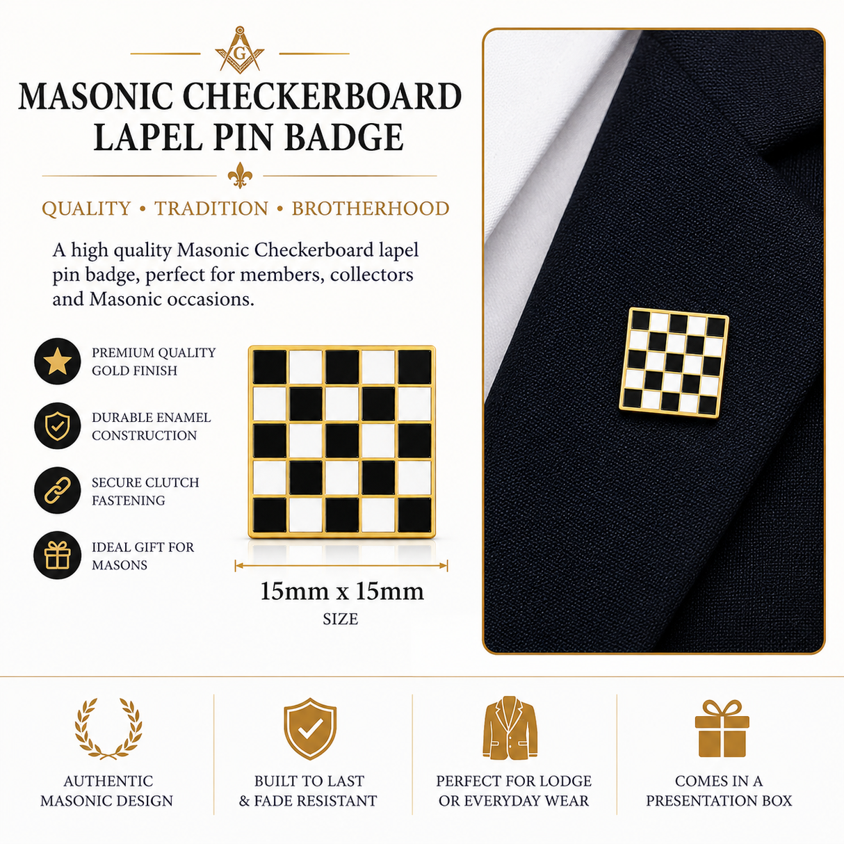 Freemasons Masonic Mosaic Carpet Enamel Lapel Pin Badge – 15mm x 15mm