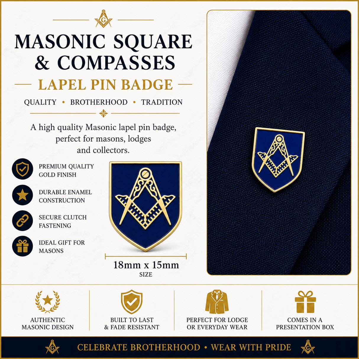 Freemasons Masonic Square & Compass Enamel Lapel Pin Badge – 18mm x 15mm