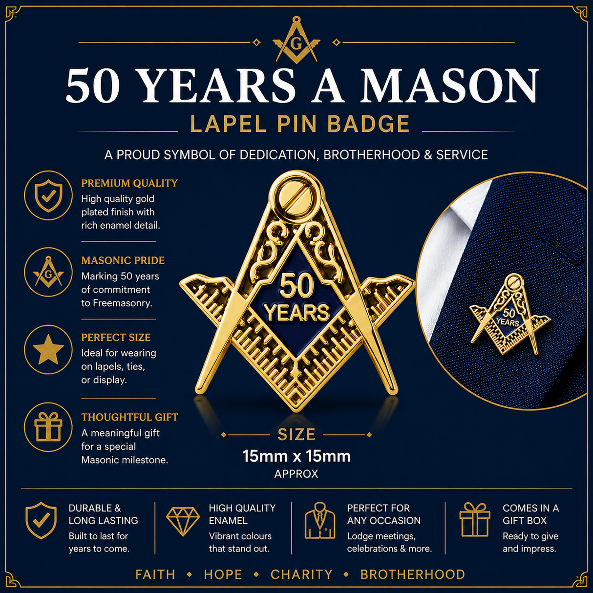 Freemasons Masonic 50 Years A Mason Enamel Lapel Pin Badge – 15mm x 15mm
