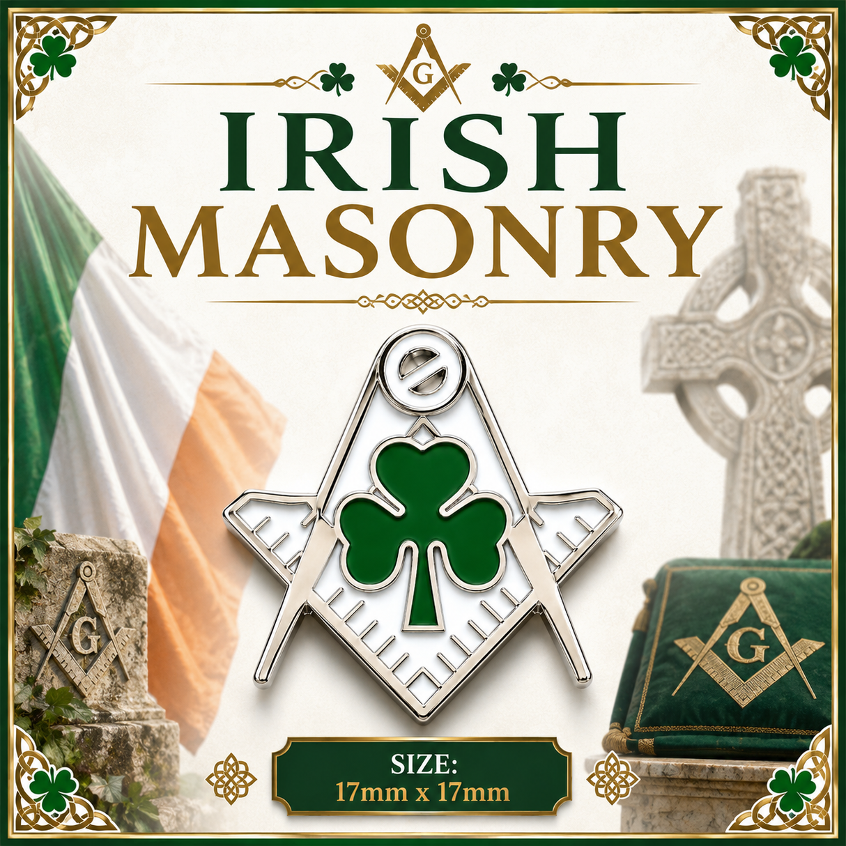 Irish Shamrock Freemason Masonic Lapel Pin Badge – 17mm x 17mm