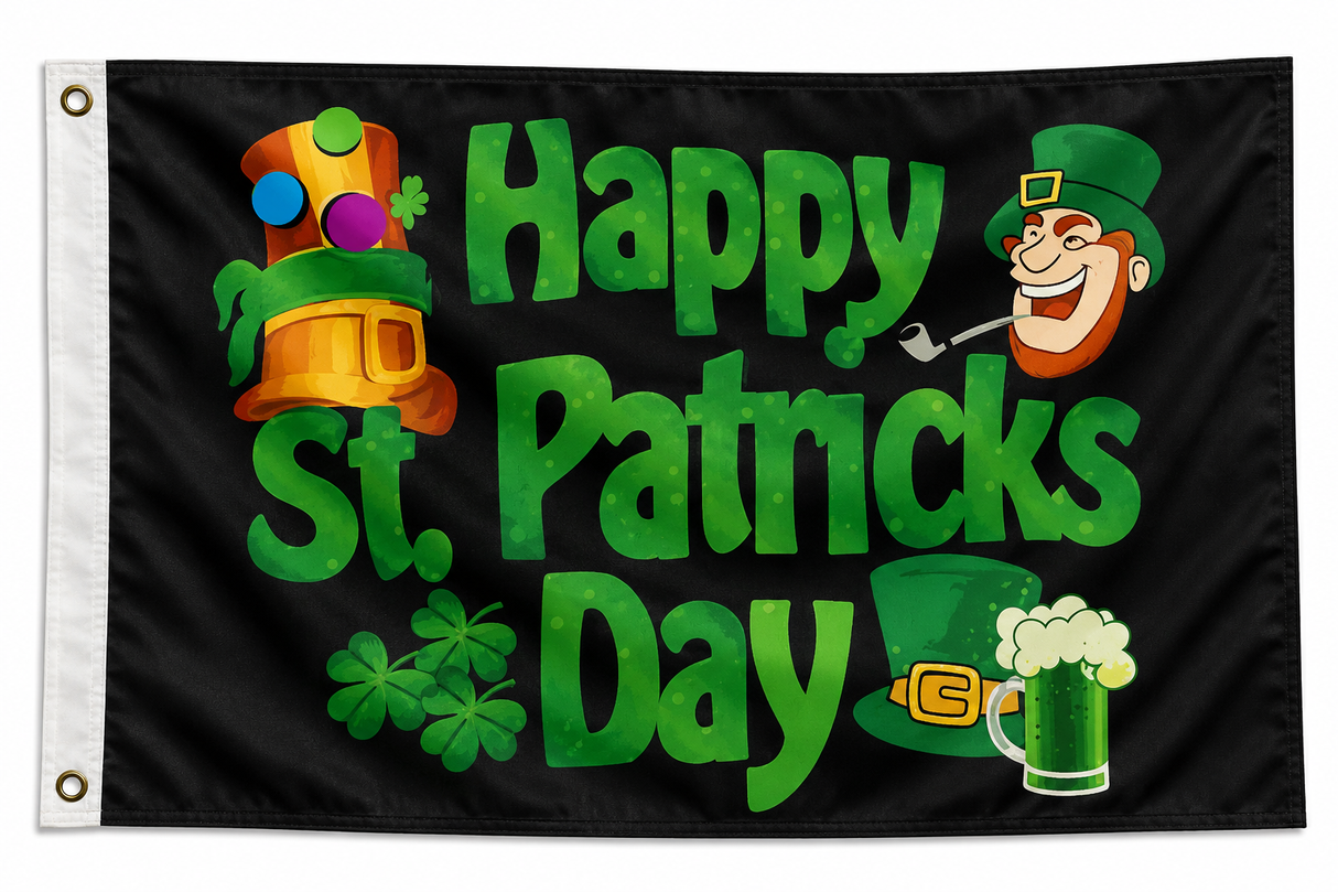 Happy St Patricks Day Black Polyester Flag 5ft x 3ft (Drawer 4)