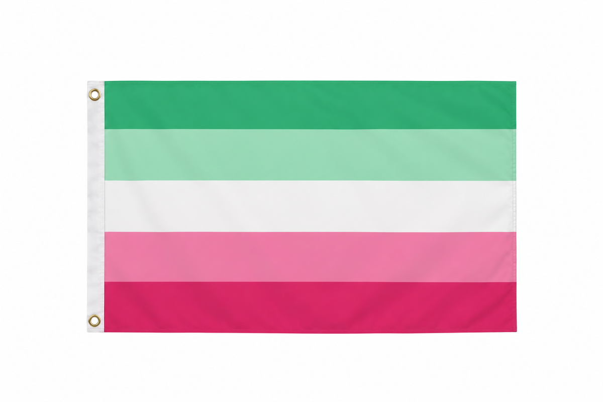 Abrosexual Pride Flag 5ft x 3ft in green white and pink with metal eyelets