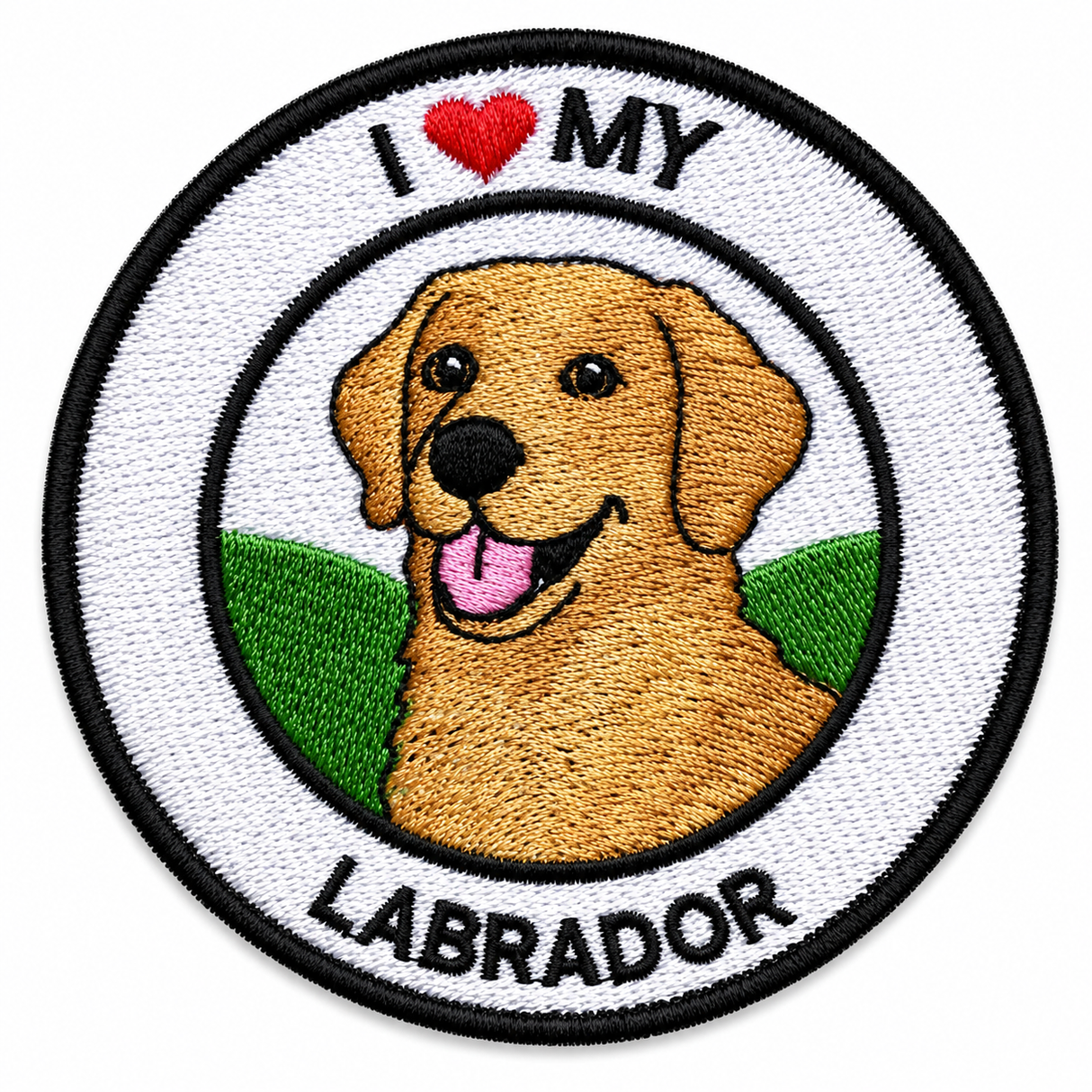 Round embroidered patch featuring a happy Labrador with the text "I Love My Labrador", black stitched border and white background, suitable for iron-on or sew-on application.