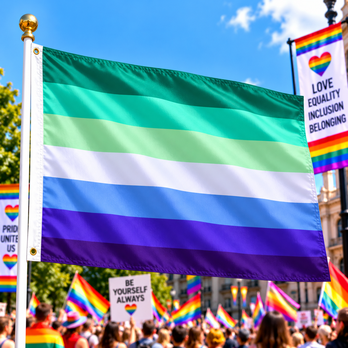 Gay Male Pride Flag 5ft x 3ft flying on a flagpole at a colourful Pride rally