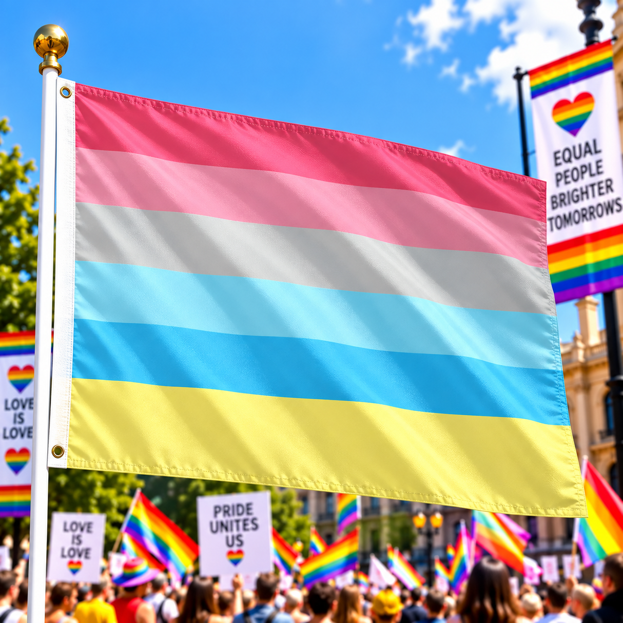 Genderflux Pride Flag 5ft x 3ft flying on a flagpole at a colourful Pride rally