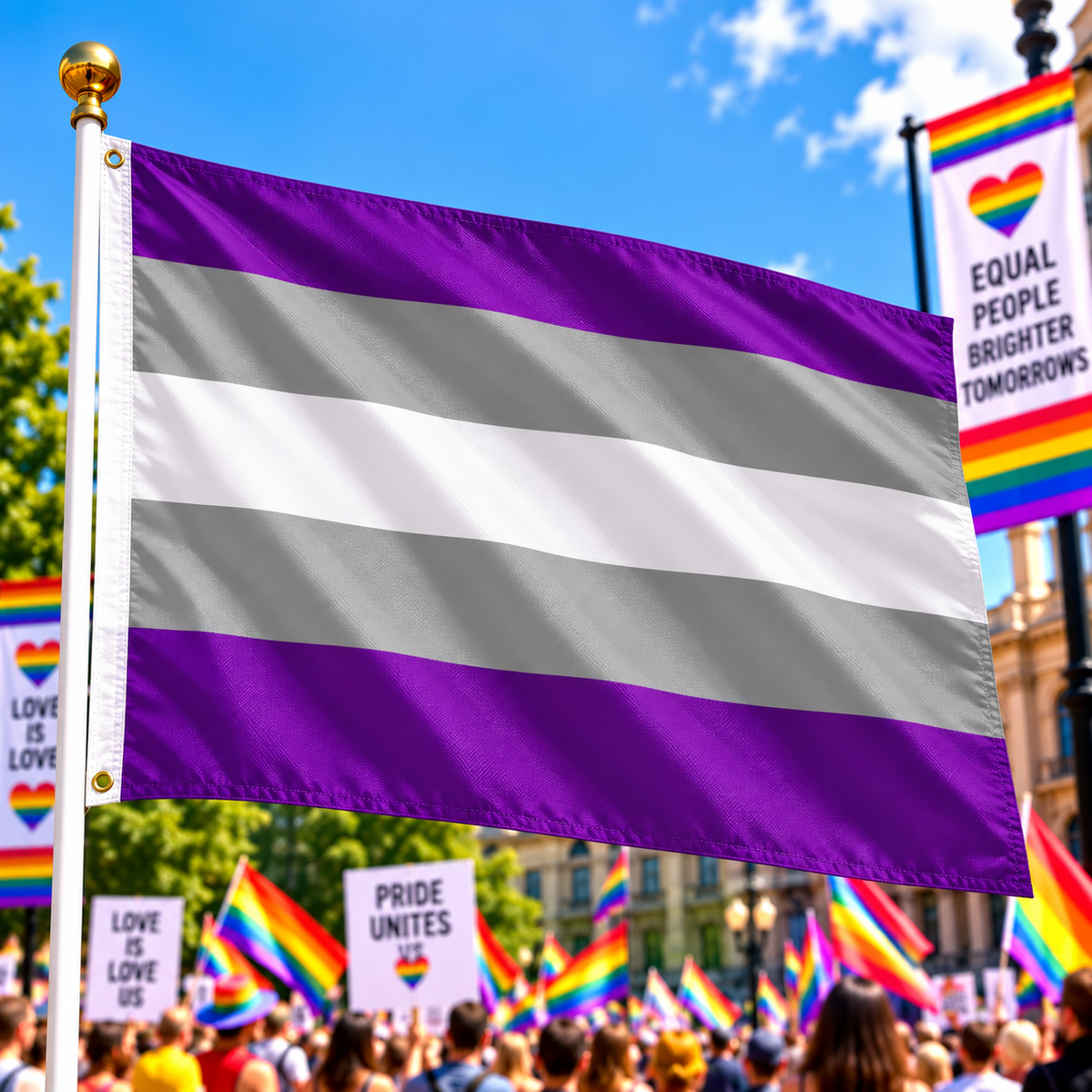 Greysexual Pride Flag 5ft x 3ft flying on a flagpole at a colourful Pride rally
