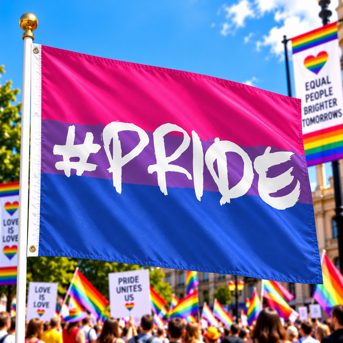 Bisexual #Pride Flag 5ft x 3ft flying on a flagpole at a colourful Pride rally