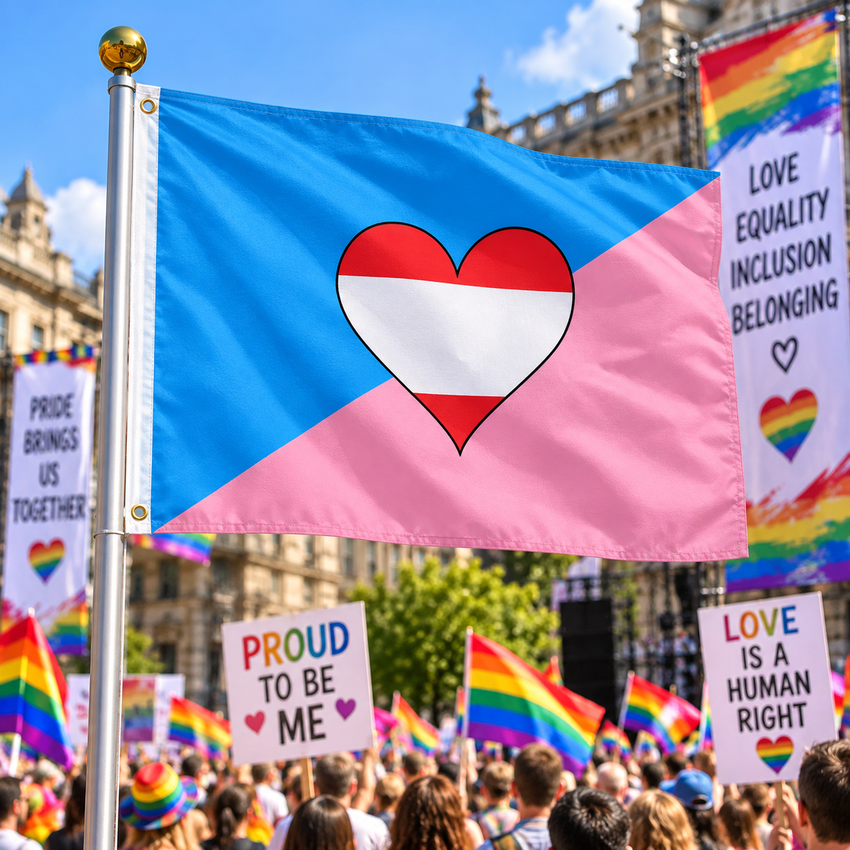 Age Play Pride Flag 5ft x 3ft displayed on a flagpole at a Pride event
