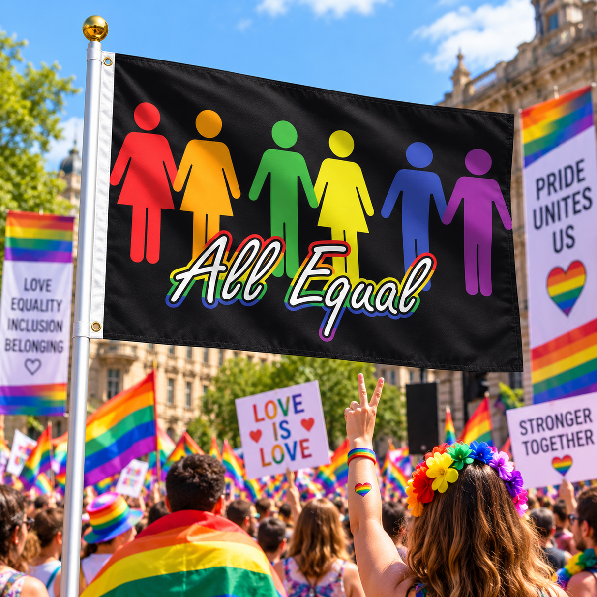 All Equal Pride Flag 5ft x 3ft displayed on a flagpole at a Pride rally