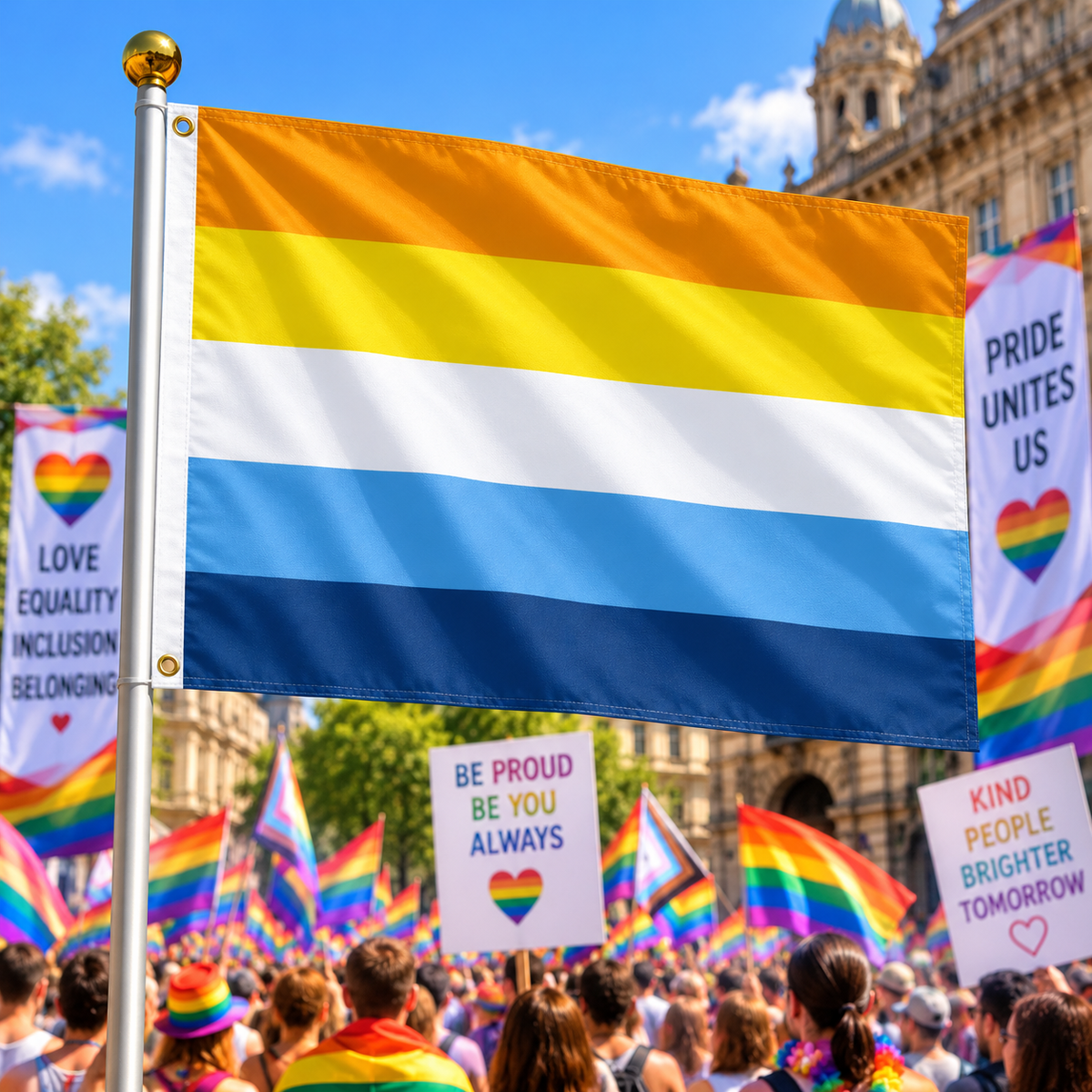 Aroace Pride Flag 5ft x 3ft displayed on a flagpole at a Pride rally
