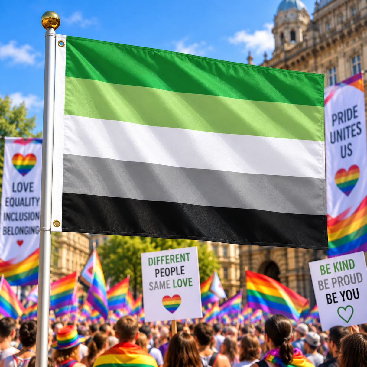 Aromantic Pride Flag 5ft x 3ft displayed on a flagpole at a Pride rally