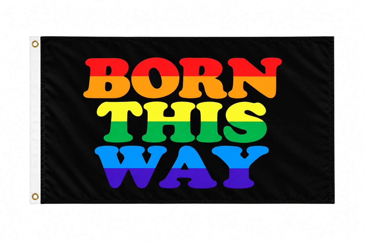 Born This Way Pride Flag 5ft x 3ft with rainbow lettering on black background