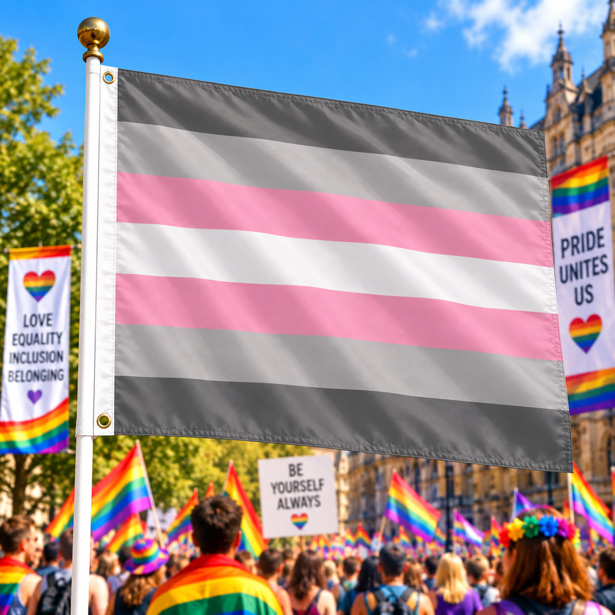 Demigirl Pride Flag 5ft x 3ft flying on a flagpole at a Pride rally