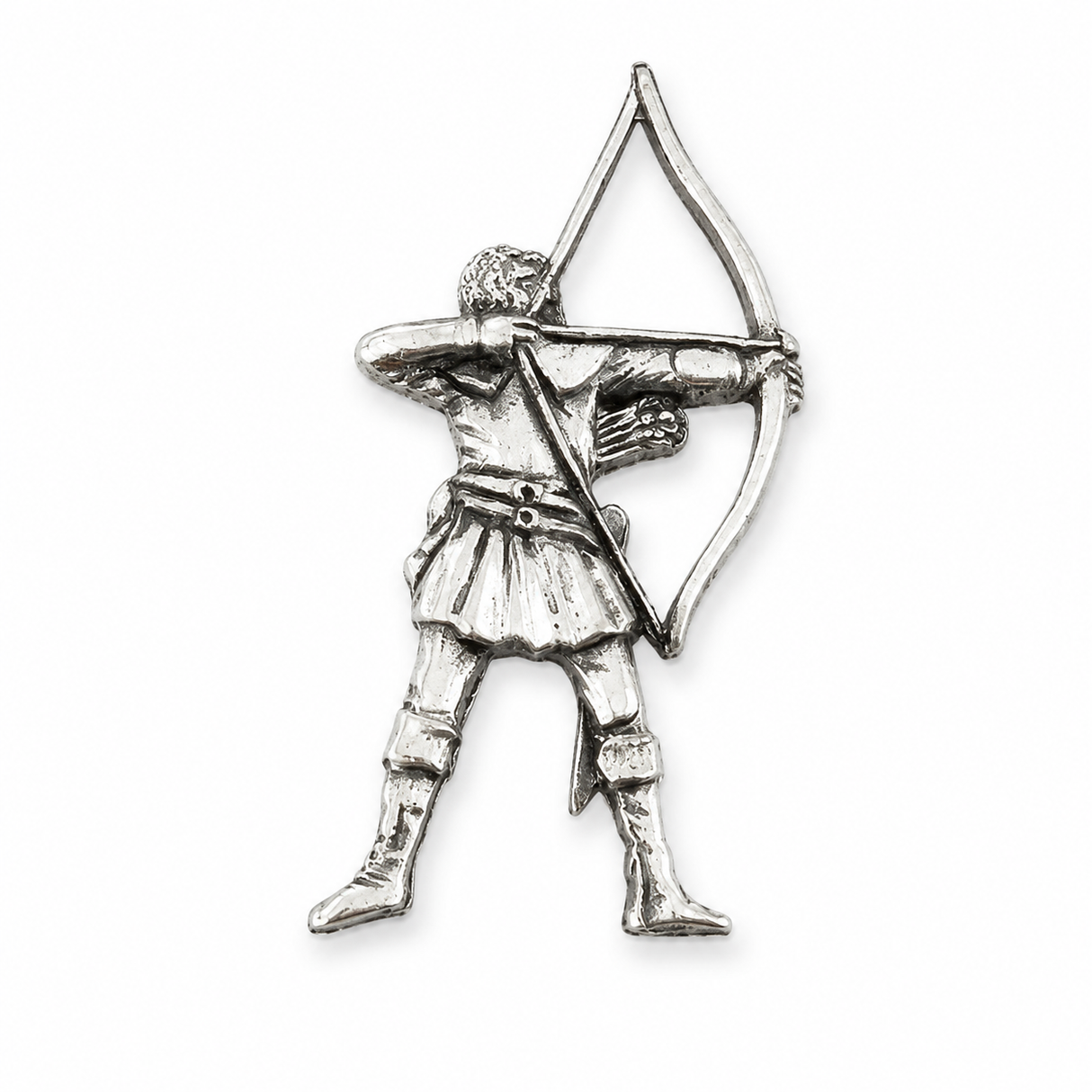 Pewter archery badge featuring archer with bow and arrow