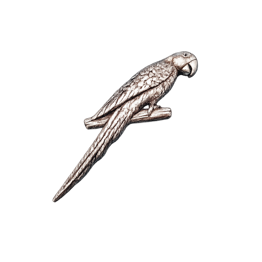Handcrafted pewter parrot pin badge featuring a tropical bird perched on a branch.