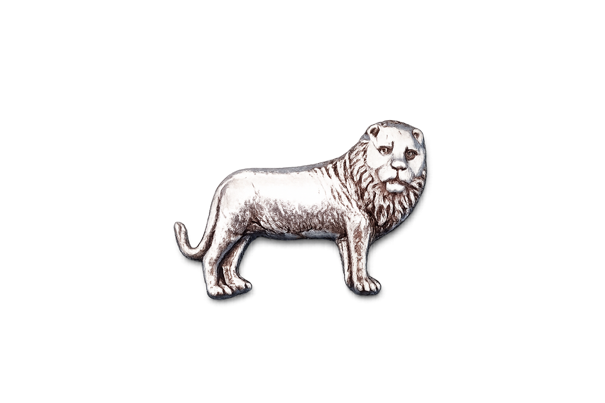 Handcrafted pewter lion pin badge featuring a detailed lion with a flowing mane and butterfly clutch fastening on a white background.