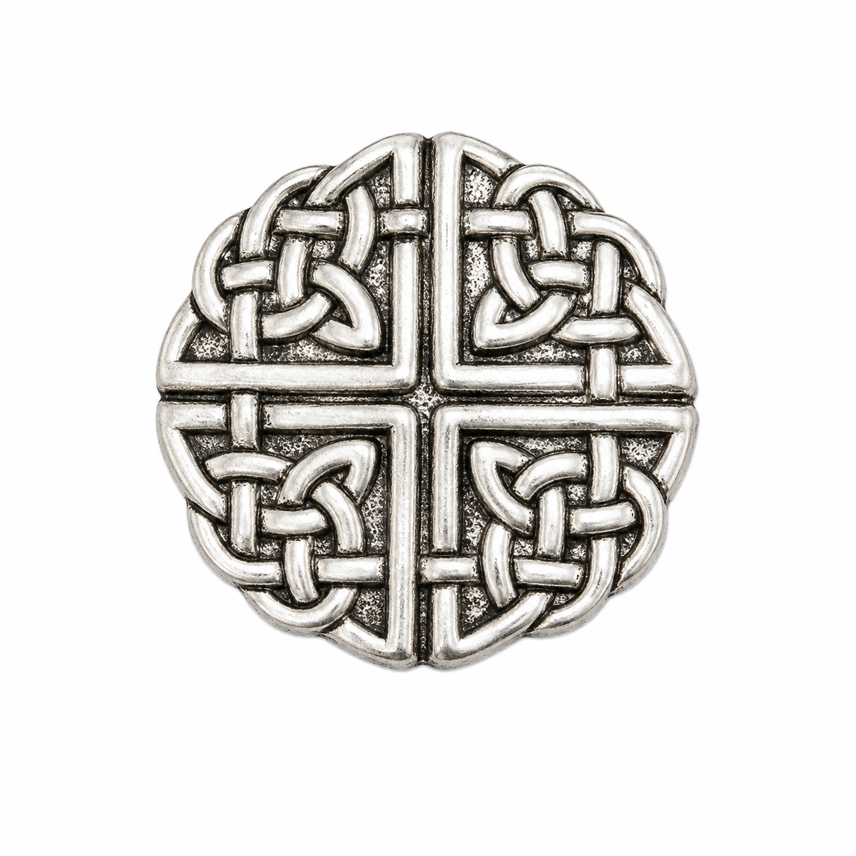 Round pewter Celtic knot pin badge with traditional interwoven knotwork design