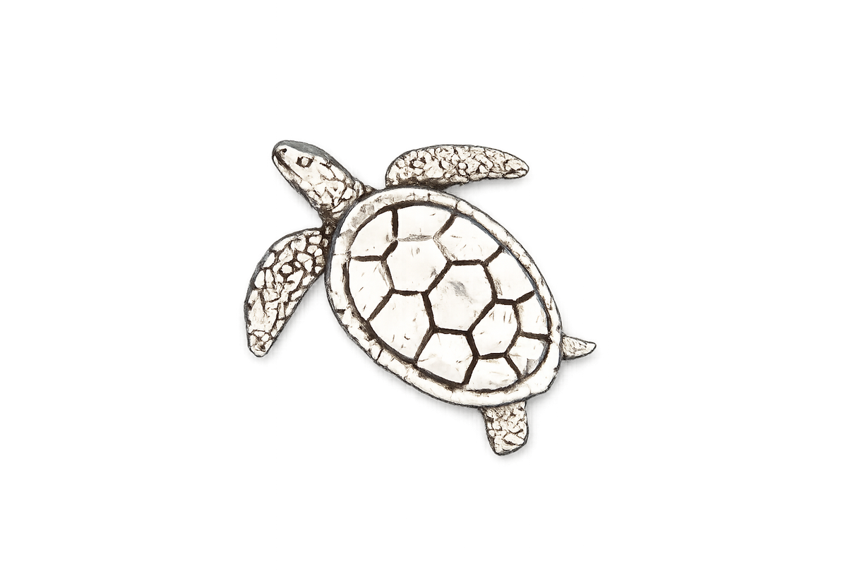 Detailed pewter Sea Turtle pin badge featuring a patterned shell and textured flippers with butterfly clutch fastening on a white background.
