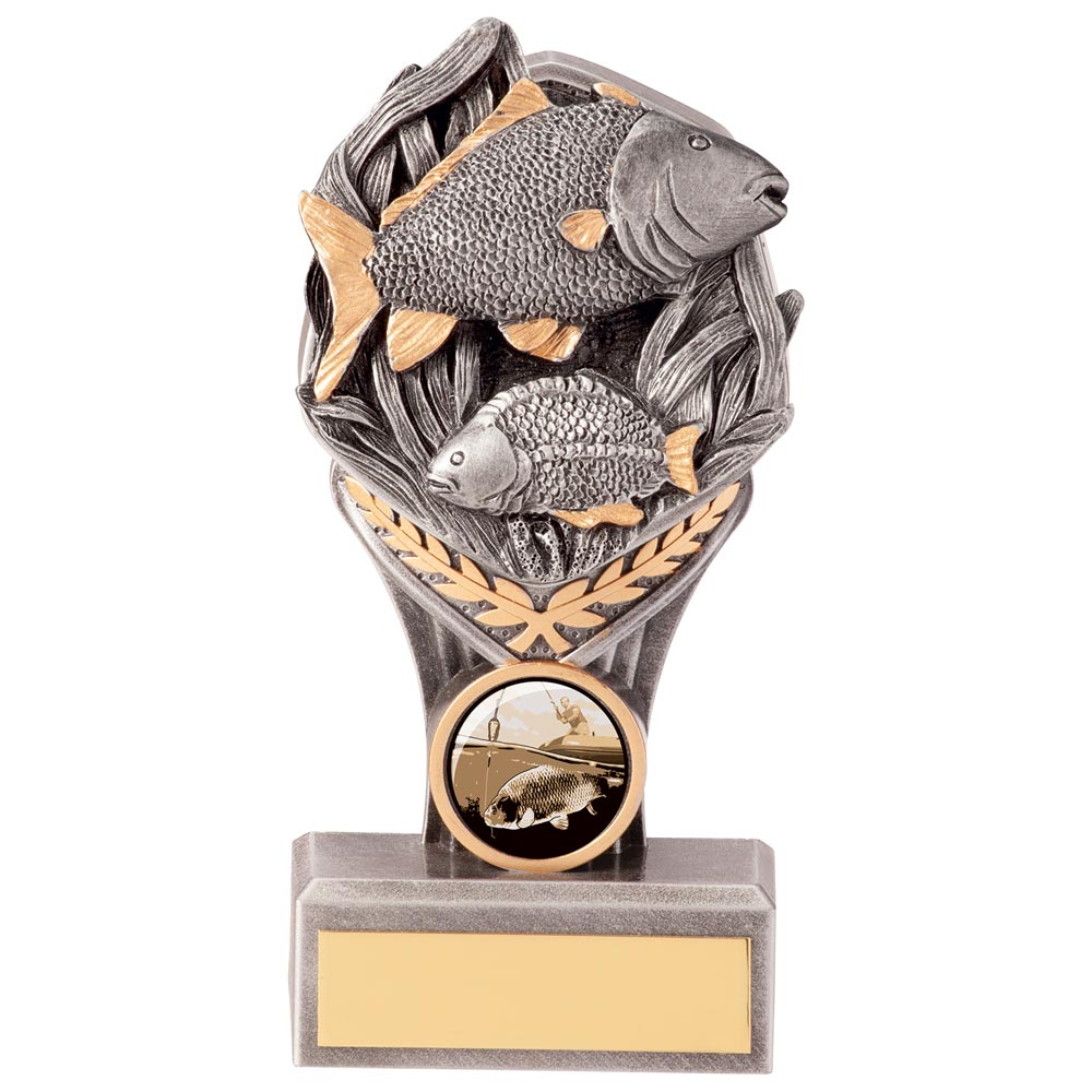 Resin fishing trophy with fish design and free personalised engraving for angling competitions