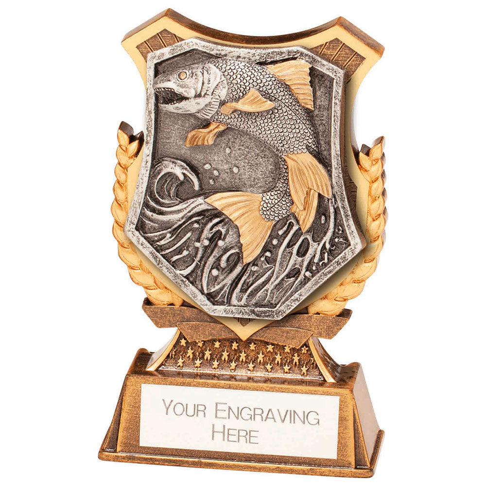 Titan resin fishing trophy featuring a fish shield design with free personalised engraving