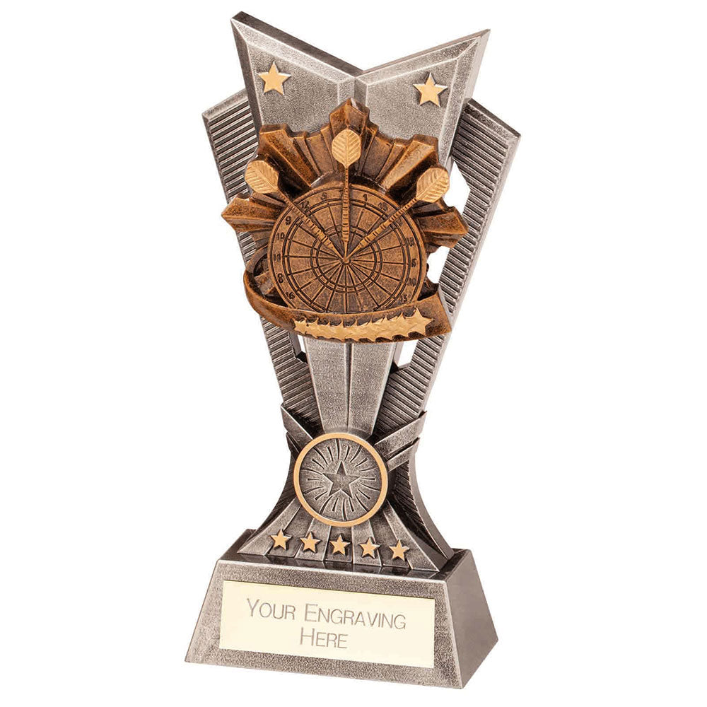 Personalised resin darts trophy with antique silver and bronze dartboard design and free engraved plate