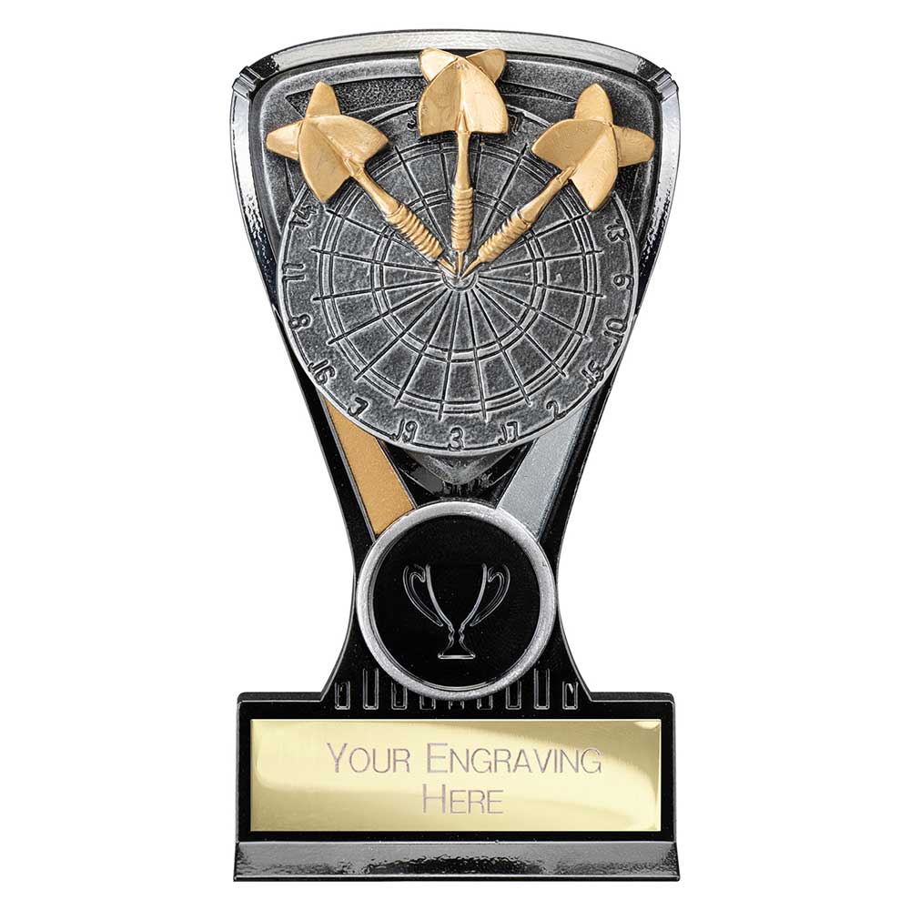 Personalised Wolverine resin darts trophy with gold, black and silver finish, dartboard design and free engraved plate