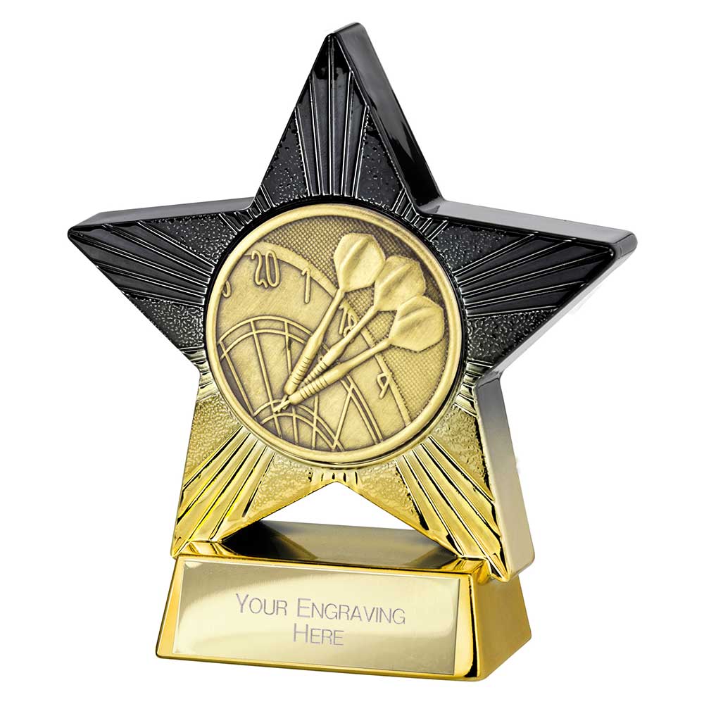 Personalised Superstar resin darts trophy with dartboard, three darts and free engraved plate
